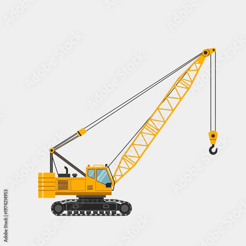 Yellow crawler crane lifting heavy load on construction site, industrial machinery illustration