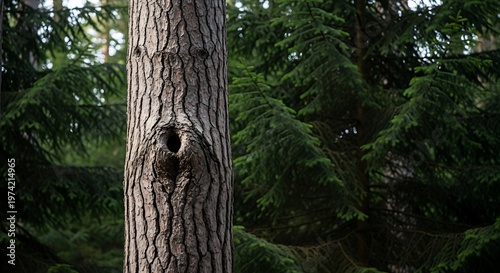 Close Up of Tree Trunk with Natural Hollow Nest Hole in Evergreen Forest
