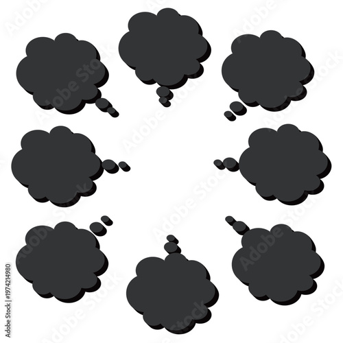 立体感のある影がついた黒色の思考用もこもこ吹き出しセット