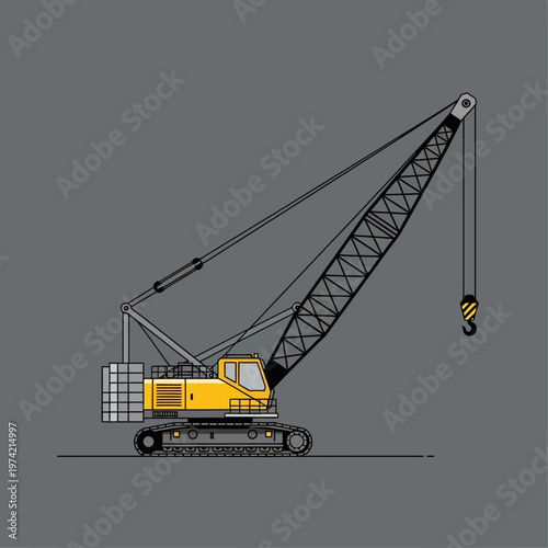 Yellow crawler crane lifting heavy load with hook on construction site, industrial machinery