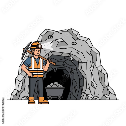 Miner with pickaxe and cart in front of mine entrance, coal mining concept