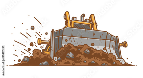 Bulldozer pushing brown dirt pile.