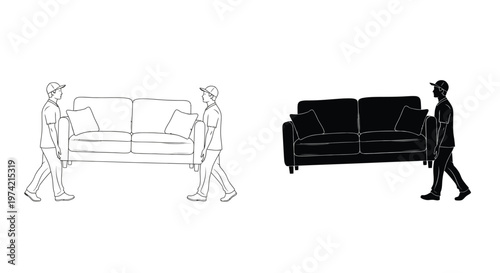 Professional movers carrying a comfortable sofa in this clean vector graphic design for residential services
