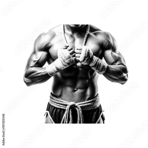 Muscular boxer torso with wrapped hands in monochrome halftone style, strong athletic body preparing for fight, minimal sports concept isolated on light background.