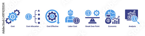 Cost Analysis web banner icon vector illustration with icons of Cost,Cost Allocation,Cost Effective,Labor Cost,Break Even Point,Economic and Analysis