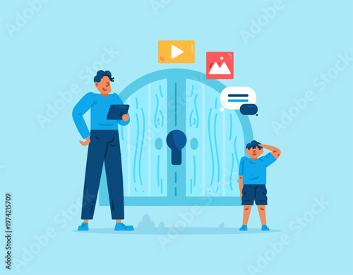 Parental control concept. Monitoring, limiting, and regulating children's online activities. Illustration of a father guarding and supervising a child entering a door. Metaphor, element, flat vector 