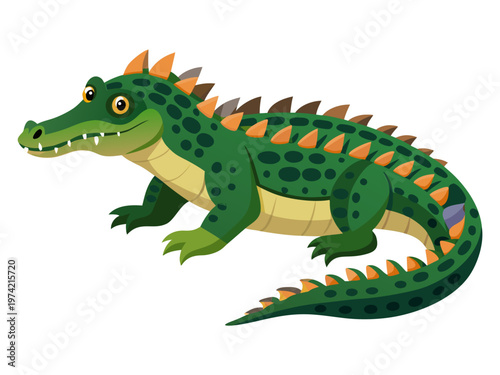 Green crocodile walking with spines on white background
