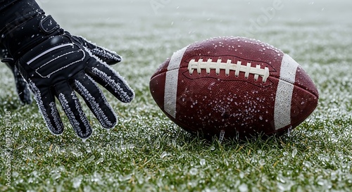 American Football on Frozen Icy Grass Field with Player Reaching