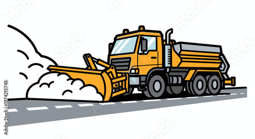 Yellow Snow Plow Truck Clearing Road.