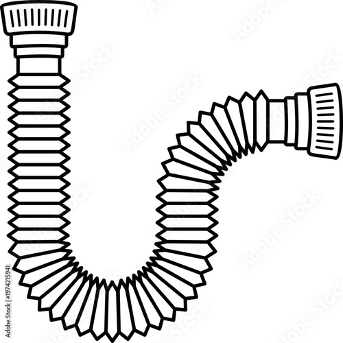 Flexible corrugated drain pipe and plastic trap for kitchen or bathroom sink waste systems. Vector outline icon.