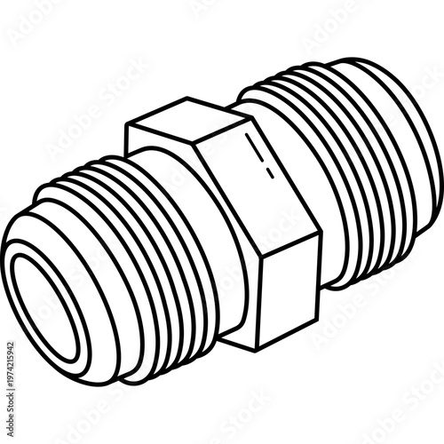 Brass flare male union pipe fitting for gas and plumbing water systems. Vector outline icon.