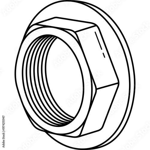 Brass flanged backnut with female thread for securing plumbing fixtures and pipe connections. Vector outline icon.