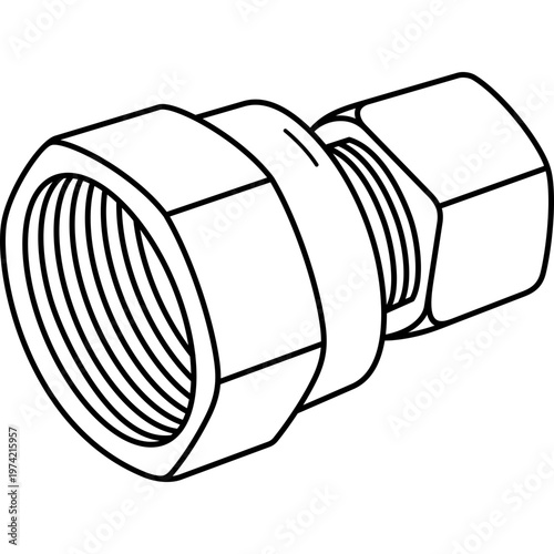 Brass compression pipe fitting with female thread for plumbing and water supply systems. Vector outline icon.