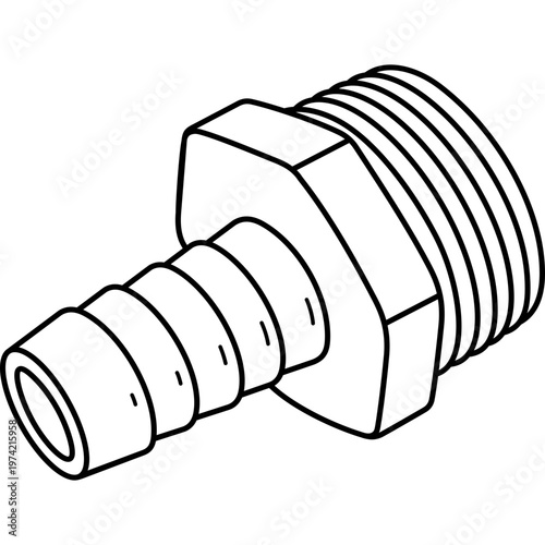 Brass hose barb fitting with male thread for garden pipe and plumbing water connections. Vector outline icon.