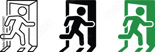 Emergency exit sign showing person running through door for safety and evacuation procedure notices