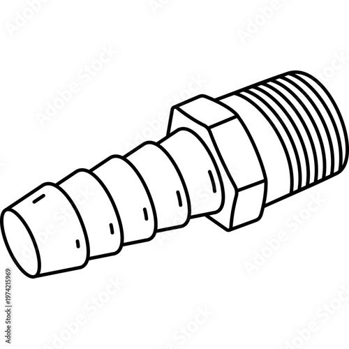 Brass hose barb adapter with male thread for plumbing and garden hose connections. Vector outline icon.