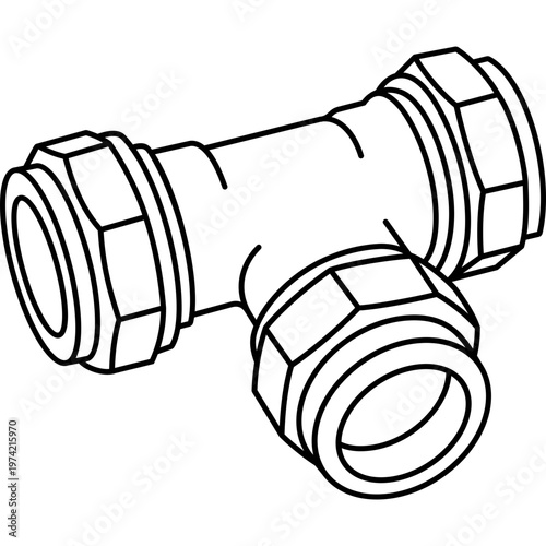 3-way compression tee pipe fitting for water supply systems and plumbing connections. Vector outline icon.