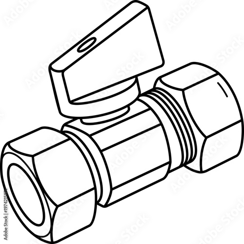 Mini brass ball valve with lever handle for water flow control and shut-off in plumbing systems. Vector outline icon.