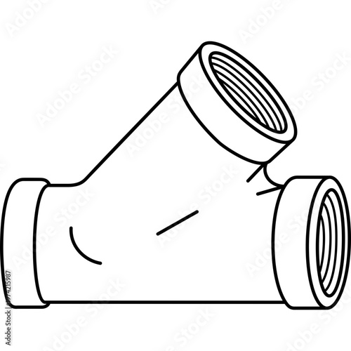 Wye pipe fitting with 45 degree lateral branch and internal threads for drainage systems. Vector outline icon.