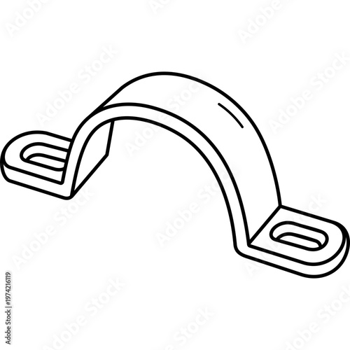 Stainless steel saddle pipe clip bracket for securing plumbing lines and conduits to surfaces. Vector outline icon.