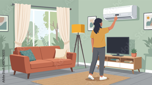 A woman sets the air conditioner in her stylish living room, ensuring perfect home comfort. Ideal for cooling concepts
