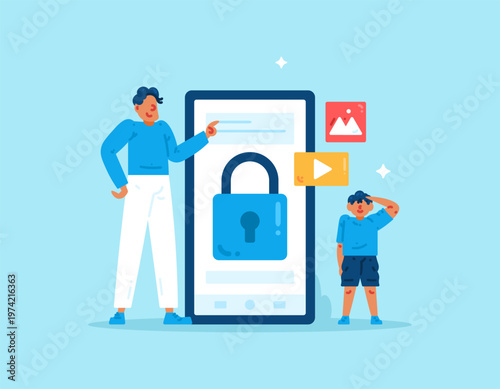 Parental control concept. Monitoring, limiting, and regulating children's online activities. Illustration of a father supervising his child's smartphone use. Metaphor, elements, flat vector style