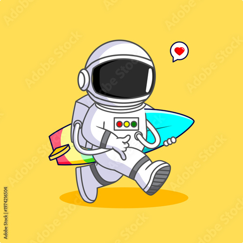 Cute Cartoon Astronaut Running Ready For Surfing in Summer Vector Illustration 