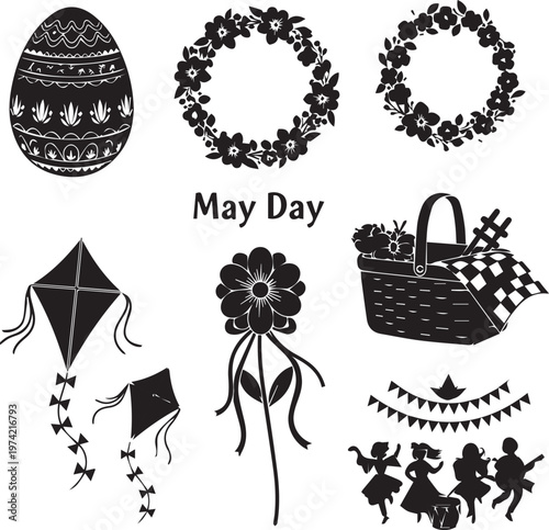 May Day Celebration Elements Set - Floral Wreaths, Picnic Basket, Kites, and Folk Dancers Silhouette Vectors
