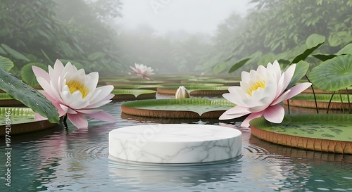 White Marble Podium Floating on Misty Pond with Pink Lotus Flowers and Giant Lily Pads for Product Display