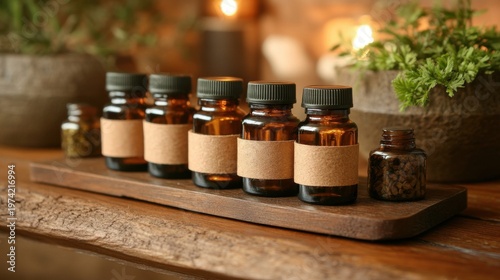 Ayurvedic Essential Oils Lined Up on a Wooden Shelf