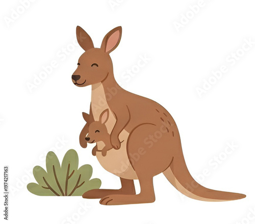 Cute Kangaroo with Joey in Pouch Illustration, Mother Kangaroo with Baby, Flat Cartoon Australian Animals Vector