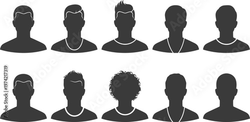 A group of diverse male silhouettes with various hairstyles and accessories