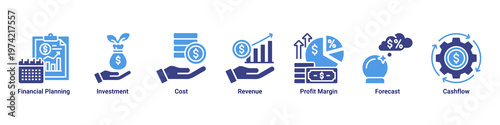 Finance Strategy web banner icon vector illustration with icons of Financial Planning,Investment,Cost,Revenue,Profit Margin,Forecast and Cashflow