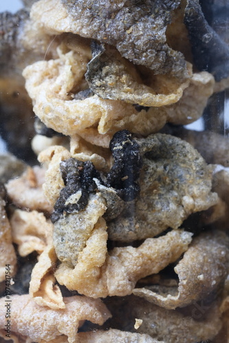 Closeup view of crunchy fried salmon fish skin snacks perfect for food blogs, packaging design, culinary articles, and social media posts.