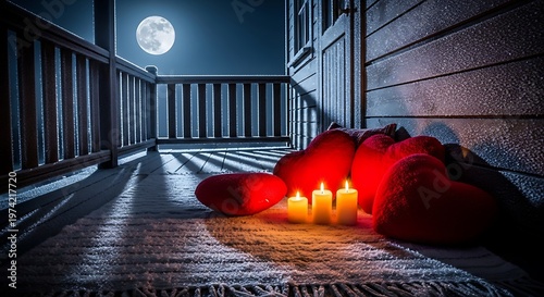 Romantic Winter Night Setting with Red Heart Pillows and Glowing Candles under a Full Moon