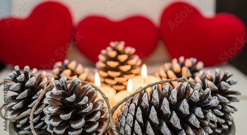 Romantic Holiday Centerpiece with Glowing Candles Pine Cones and Red Hearts