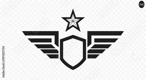 A black and white vector graphic of a shield with wings and a star, symbolizing protection and achievement.