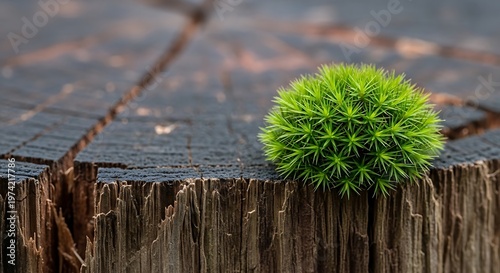 Vibrant Green Moss Ball Growing on a Weathered and Cracked Tree Stump Surface