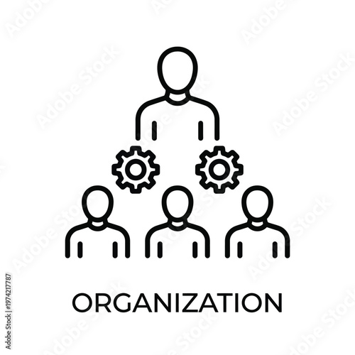 Business Organization Teamwork Leadership Vector Icon, Black Line Style, Corporate Management Symbol for Marketing Materials