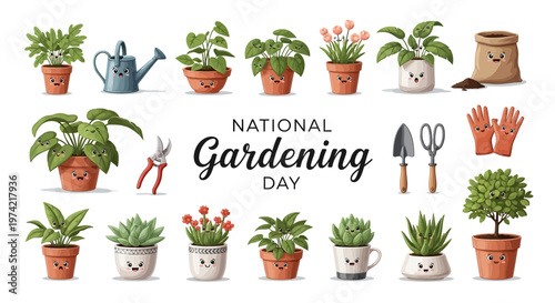 A bright vector illustration celebrates National Gardening Day, showcasing potted flowers, gardening tools, and a smiling bag of soil against a clean white background, conveying a joyful