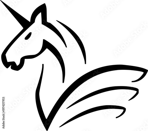 minimalist flying unicorn pegasus head silhouette logo isolated on white background