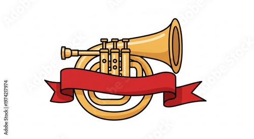 A colorful illustration of a French horn with a red ribbon wrapped around it