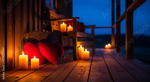 Romantic Evening Ambiance on a Wooden Porch with Warm Candles and Heart Pillows