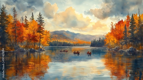 Autumnal lake scene with canoes