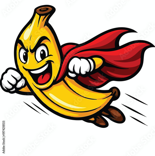 Cartoon yellow banana character wearing a red superhero cape flying forward with a very determined expression on its happy face