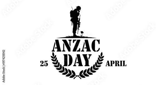 A black vector graphic illustration of a soldier on Anzac Day, commemorating Australian and New Zealand Army Corps remembrance.