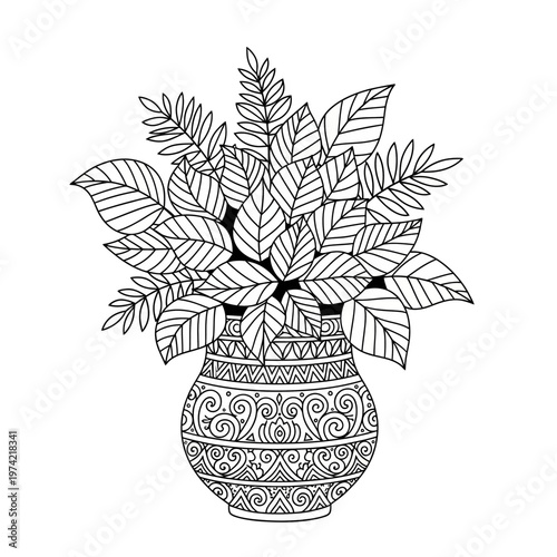 Black and white illustration of a decorative vase filled with leaves, Zentangle style