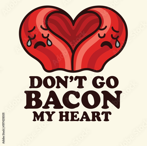 Two sad bacon strips shaped like a heart crying with tears in a funny illustration about a broken meat love