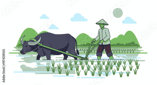 Man plowing field with big ox.