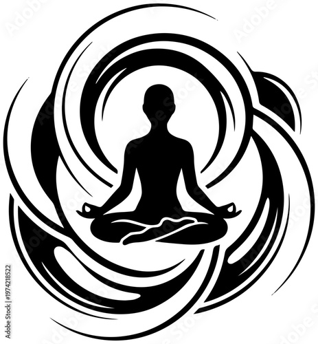 Serene person meditating in dynamic abstract swirls